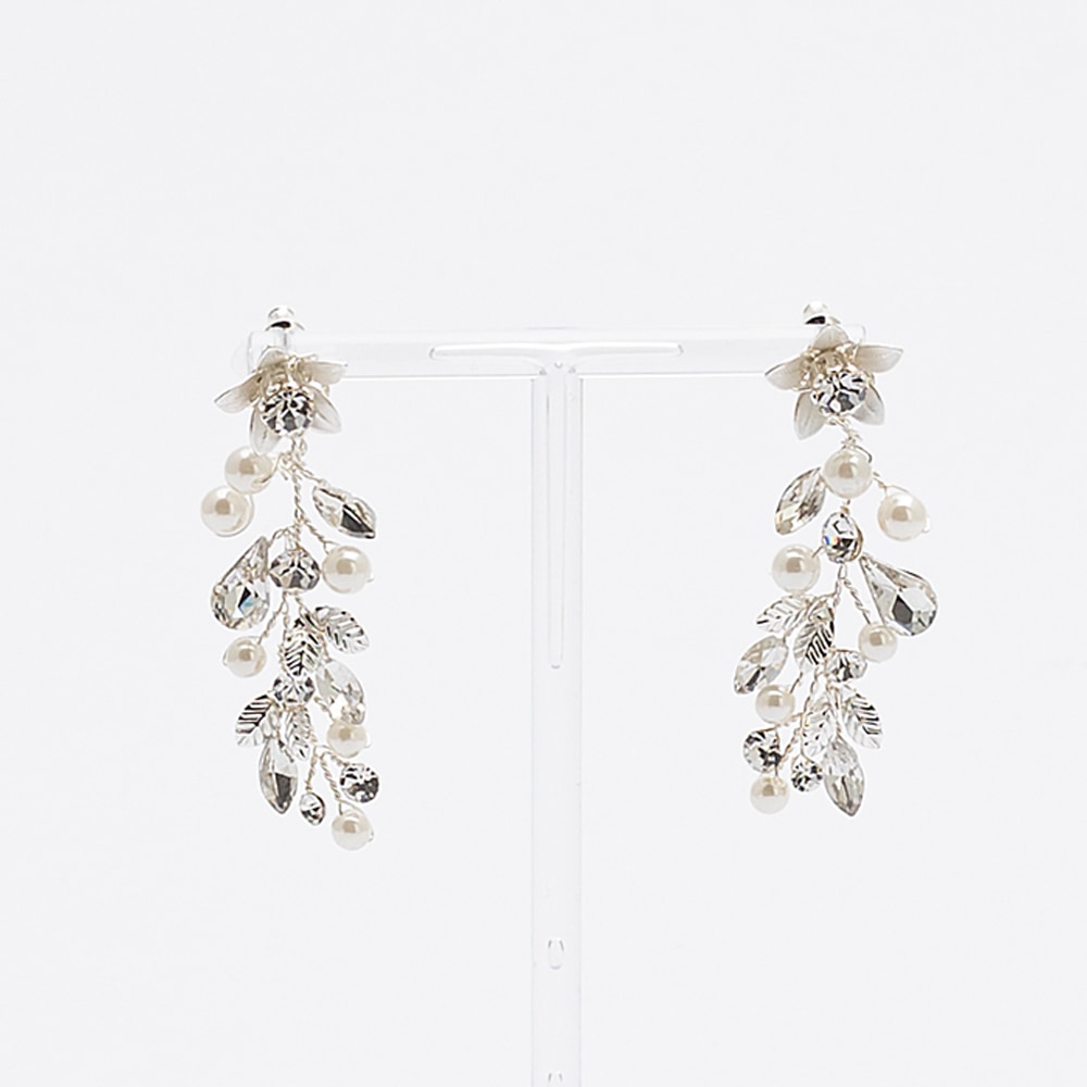 Orecchini Da Donna Con Doppio Ventaglio E Perla, Zirconi, Argento 925 Placcato Rodio, 28,5x17,5 Mm - PHNIBIRD